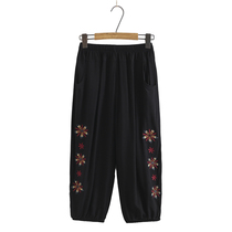 Fashion middle-aged mom pants summer thin embroidered three-point pants large size elderly elastic high waist straight pants for women