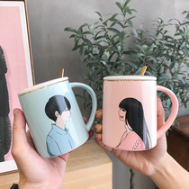 Korean version of cute cartoon male and female avatar lovers ceramic mug wedding accompanied by hand water glass color glazed straight mark cup