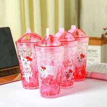 Han Style Cute Kitty Creativity Ice Cup Slide Cover Double Straw Plastic Cup Pao Cold Tennis Red Student Couple Cups