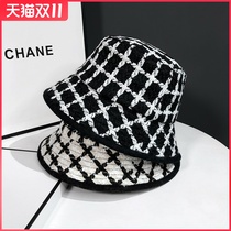Korean version of ins black plaid knitted fishermans hat childrens autumn and winter small fragrant style Japanese retro fashion Joker basin hat