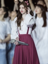 Ju Jingyi same clothes white Navy neck top red strap pleated skirt sweet college style suit