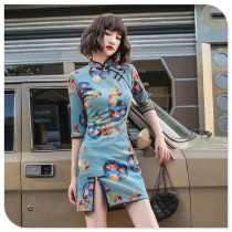 Rsemnia national tide cheongsam autumn and winter suede elastic thin erosion bone age Chinese style small skirt