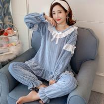 Flannel pajamas womens autumn and winter long sleeves warm winter loose padded velvet cute coral velvet set home clothes