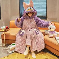 New winter robes female coral velvet thickened three-layer cotton cartoon Donald duck plus velvet hooded home suit suit