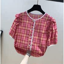 Plaid Shirt Women Summer Thin Short Sleeve 2021 New Korean Loose Wooden Ear Bubble Sleeve Small Shirt Top