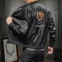 Baseball suit Pilot leather jacket mens trend embroidery spring and autumn jacket Casual leather slim handsome motorcycle suit
