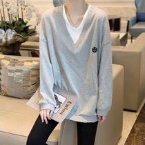 Joker gray fake two round neck sweater womens long sleeve thin loose casual top autumn 2021 New