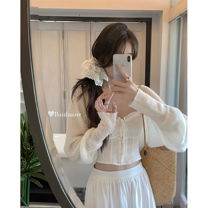 Bai Shui レディース [Lazy Mohair~] ホワイト アプリコット セーター カーディガン 女性の新しいデザインのルーズでスリムなトップ
