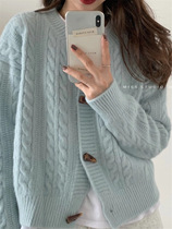 Blue horn buckle sweater coat women 2021 autumn and winter New Twist knitted cardigan Japanese gentle lazy outside