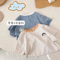 2021 summer new foreign style striped children's short sleeve cotton linen T-shirt for boys and girls half sleeve t children's bottoming shirt