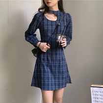 Dress female spring and autumn 2021 New French retro niche chic design sense Plaid long sleeve skirt ins Wind