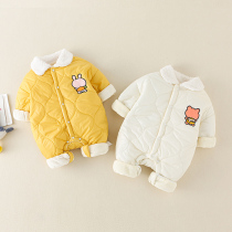 Baby clothes early winter plus velvet cotton coat 2021 new baby warm outer clothing cute rabbit lapel collar one-piece clothes