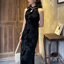 French sleeveless pearl collar modified cheongsam young girl slim temperament split long hip retro dress