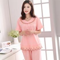 Middle-aged mother pajamas womens summer solid color cotton short-sleeved three-point pants thin large size loose home service suit