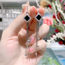 s925 sterling silver temperament long black square ear female autumn Korean tassel earrings fashion simple student earrings
