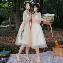 Champagne bridesmaid clothing autumn and winter 2021 New style can wear fairy temperament niche senior sister group bridesmaid dress women