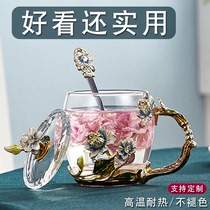 Enamel color water cup Heat-resistant glass female flower tea cup Jasmine household cup set large creative lettering customization
