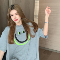 European goods large version loose smiley face embroidery pure cotton short-sleeved T-shirt womens 2021 spring and summer new medium-long top tide