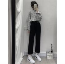 black 2020 new ins retro vintage sense loose high waist jeans schoolgirl straight tube wide leg pants tide