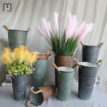 Make Old Iron Bucket Retro Dry Flower Barrel Vase Iron Art Living Room Swing Piece Flower Shop Decorated Floral Eu Style American Ground Floor