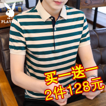Playboy summer mens short sleeve loose cotton t-shirt lapel half sleeve Striped Polo shirt Mens T-shirt