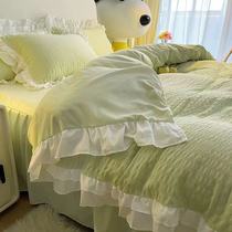 Ins milk green lady lace is set in four pieces of student dorm bed with pure colored bed skirt