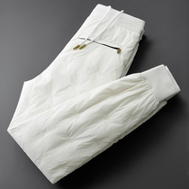 Light luxury winter warm white down pants men wear fashion bee embroidery thick slim mens pants
