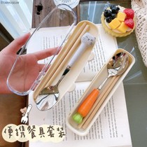 First Grade Girl Chopsticks Spoon Suit Cutlery Wood Two Sets Creativity Cute Students Office Portable Dining Box