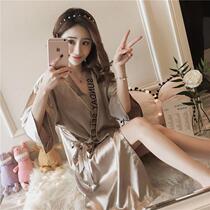 Japanese kimono lace-up sexy nightgown thin ice silk medium long bathrobe Summer short-sleeved loose pajamas female Korean version