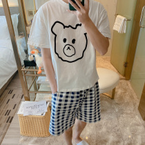 Mens pajamas summer cotton crew neck short sleeve thin set Korean version simple loose plus size student loungewear