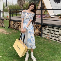 Design Sense Small Folded Shoulder Skirt Children's Summer French Blue Fringe Floral Chiffon Dress