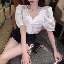 New French girl bow bubble sleeve short top summer Korean V-neck pleated design shirt tide