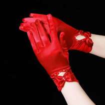 Bride Chinese red bow gloves Xiuhe wedding gauze Xiuhe clothing lace white retro satin long and short