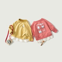 Girls cartoon sweater 2021 autumn baby spring and autumn mosaic coat children foreign fashion fake Two T-shirt