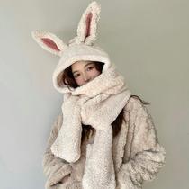 Hat women autumn and winter rabbit ears lamb wool sweet scarf hat one Lei Feng hat warm kit students cute