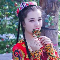 Uyghur small flower hat female Xinjiang dance hat with braids Cross-stitch flower with drill Uyghur hat dancing Xinjiang dance hat