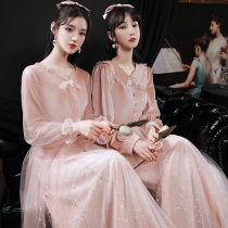 Pink bridesmaid clothing velvet winter fairy air 2021 new sister clothing performance art examination annual host evening dress