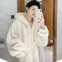 Fashionable loose profile ~ fashion love beans high-end sleeping coral velvet robe womens winter hooded home clothes