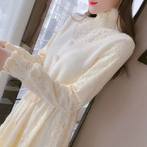 Winter thickened fairy dress with coat inside long-length bottoming knee plus velvet lace dress women autumn and winter