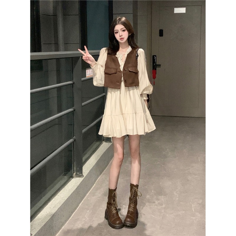 Bohemian style, layered dress, small vest, two-piece set for women's autumn and summer coffee sleeveless vest, camisole top