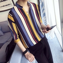 Shirt mens 5-point short-sleeved summer Korean version of the trend loose five-point sleeve shirt personality stripe V-neck mid-sleeve shirt men
