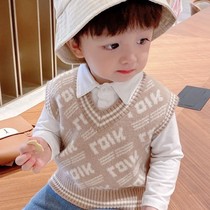 Childrens sweater plus velvet thickened vest knitted boys autumn vest autumn and winter wear baby V collar campus style