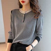 Big code new foreign air 100 lap loose blouses women 2021 fall new round neck long sleeves black and white plaid textured jersey
