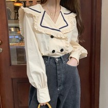 South Korea ins2021 autumn Joker simple color wooden ear side doll collar double-breasted long sleeve shirt top women