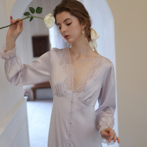 Silk Nightdress Womens autumn long sleeves French noble princess temperament over the knee sleepwear dress summer silk robe dress