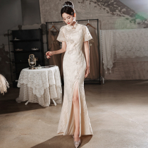 Improved qipao champagne evening gown with small crowdsourced light extravagant high-end banquet Temperament Celebrities and High-end Fish Tail Skirts