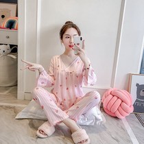  Spring and autumn and summer womens pure cotton silk pajamas womens long-sleeved suit Korean cute thin air conditioning clothes student home clothes