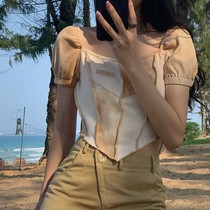 2021 summer new irregular short short-sleeved t-shirt womens summer niche design tie-dye stitching top s