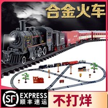 Super long train toy children with track large high-speed rail steam Green rail car simulation model large long sound