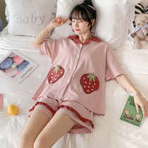 Pajamas womens summer short-sleeved cotton student Korean version cute summer net red new cardigan home dress suit princess style